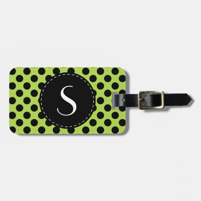 Lime Green Polka Dot Monogram Personalised Luggage Tag (Front Horizontal)