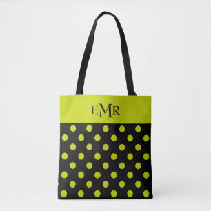 Lime Green Polka Dots on Black Monogram Tote Bag