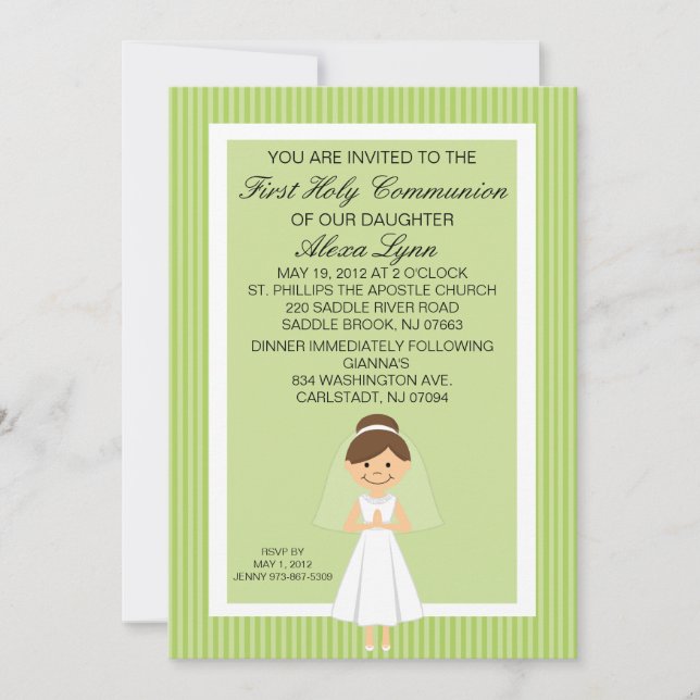 Lime Green Pretty First  Communion Girl Invitation (Front)