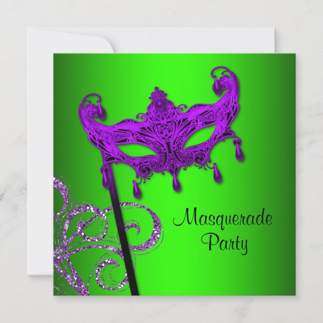 Lime Green Purple Masquerade Party Invitations (Front)