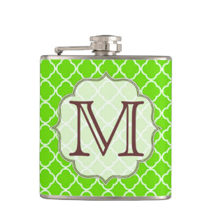 Lime Green Quarterfoil Monogram Whiskey Flask