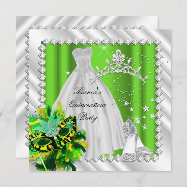 Lime Green Quinceanera 15th Masquerade Party Invitation (Front/Back)