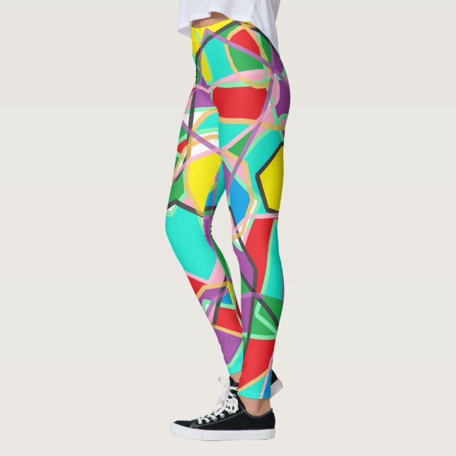 Lime Green, Red, Blue Striped Scribble Abstract Leggings (Left)