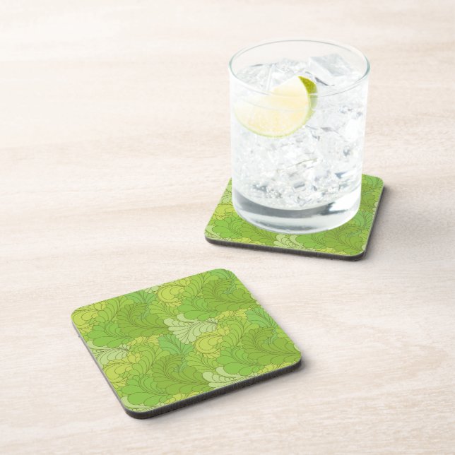 Lime Green Retro Floral Paisley Feathers Coaster (Right Side)
