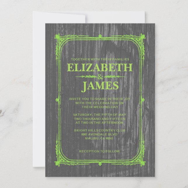 Lime Green Rustic Barn Wood Wedding Invitations (Front)