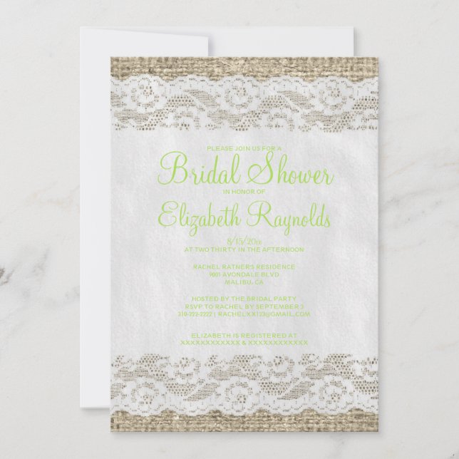 Lime Green Rustic Lace Bridal Shower Invitations (Front)