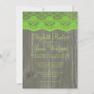 Lime Green Rustic Lace & Wood Wedding Invitations