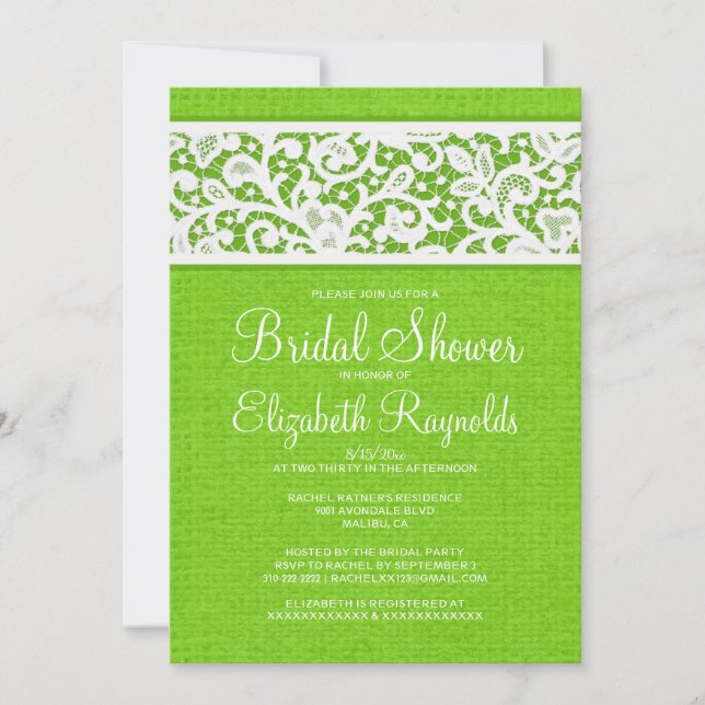 Lime Green Rustic Linen Bridal Shower Invitations (Front)