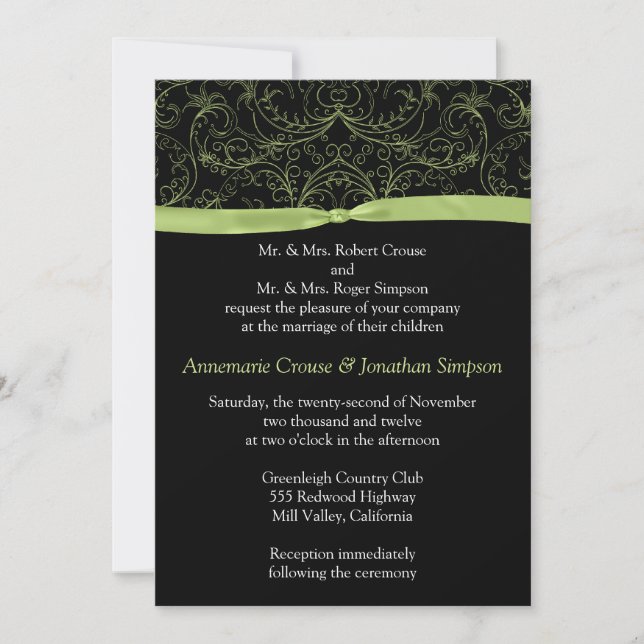 Lime Green Scrolls and Ribbon Wedding Invitation (Front)