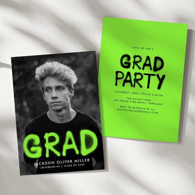 Lime Green Spray Paint Photo Graduation Party Invitation (Creator Uploaded)