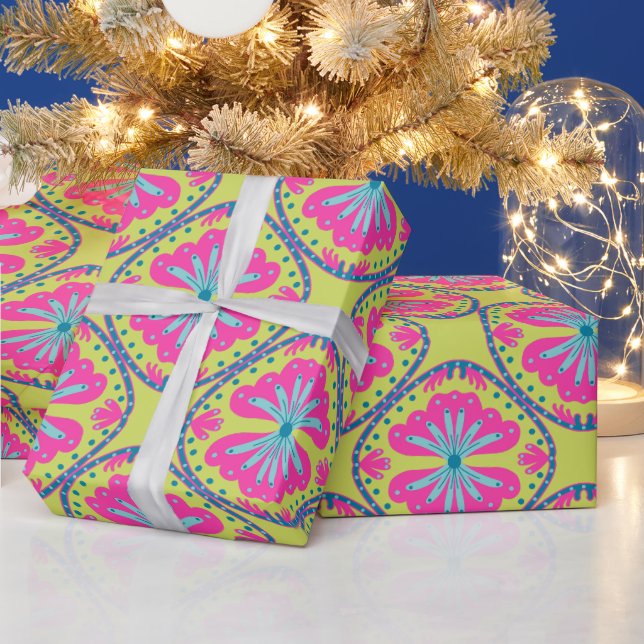 Lime Green Squircle Ring Floral Wrapping Paper (Holidays)