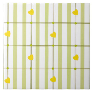 Lime Green Stripe and Yellow Hearts  Tile