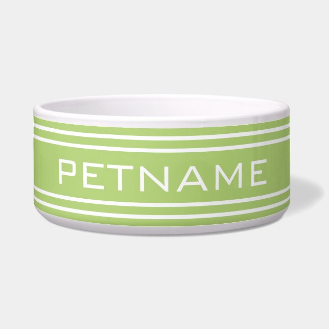 Lime Green Stripes custom monogram pet bowls (Front)