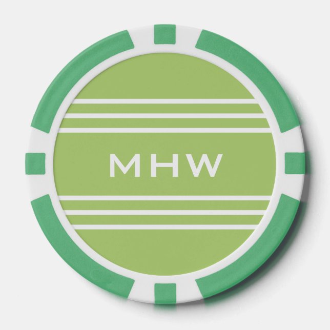Lime Green Stripes custom monogram poker chips (Front)