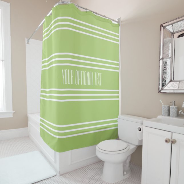 Lime Green Stripes Custom Text shower curtain (In Situ)