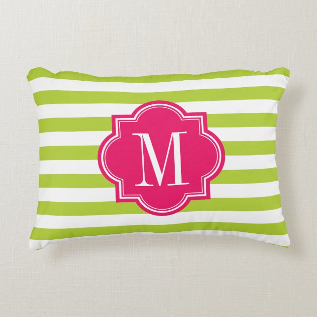 Lime Green Stripes with Hot Pink Monogram Decorative Cushion (Front)