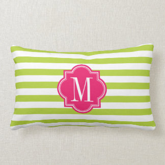 Lime Green Stripes with Hot Pink Monogram Lumbar Cushion