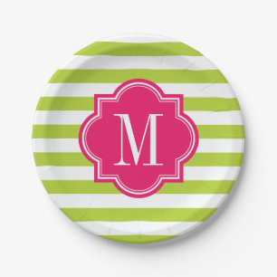 Lime Green Stripes with Hot Pink Monogram Paper Plate