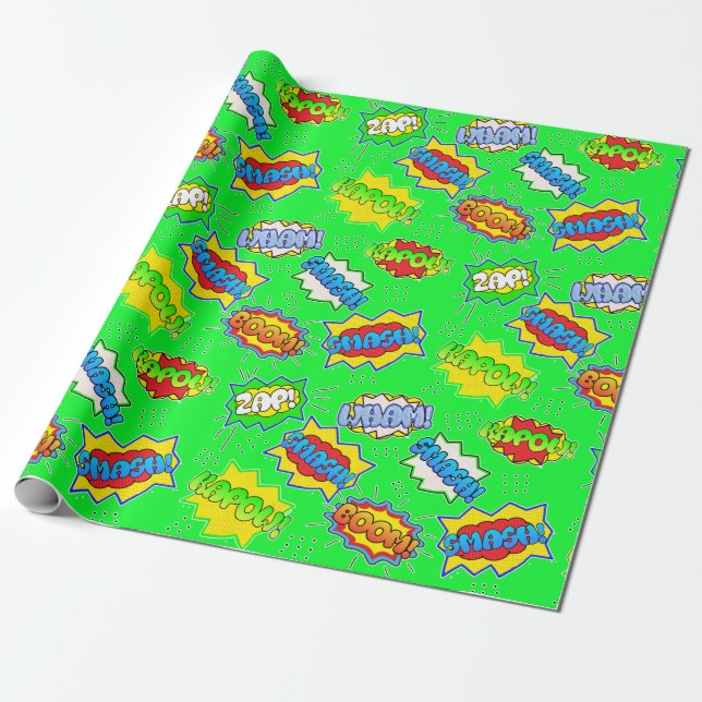 Lime Green Superhero Super Powers Kid's Wrapping Paper (Unrolled)