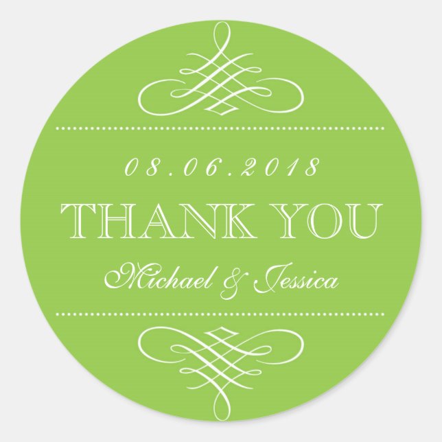 Lime Green Swirls Curl Ornament Wedding Stickers (Front)