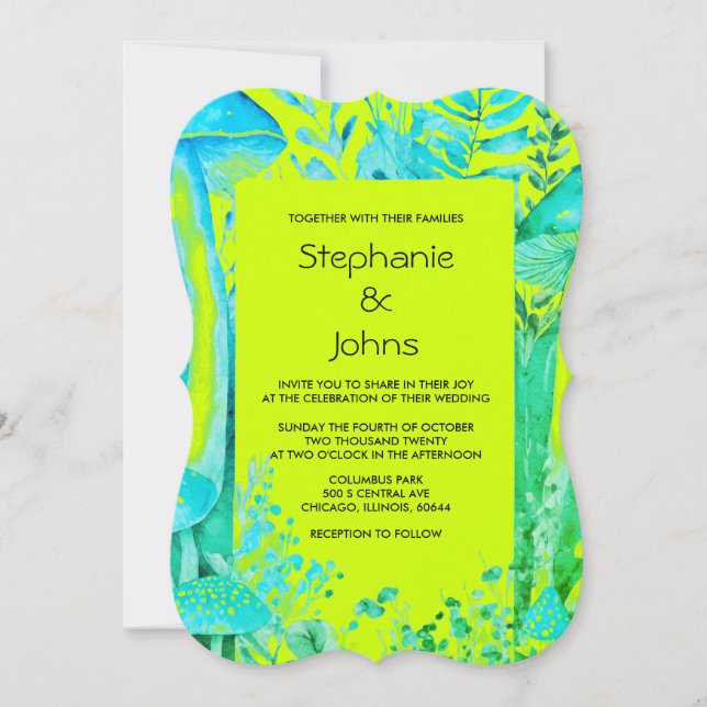 Lime Green Teal Blue Mushroom Woodland Wedding Invitation (Front)
