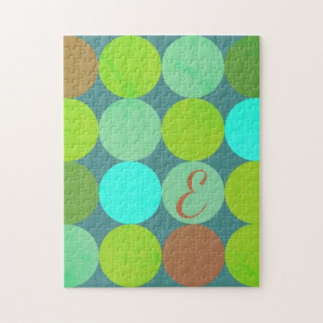 Lime Green Teal Turquoise & Rust Circles Monogram Jigsaw Puzzle (Vertical)