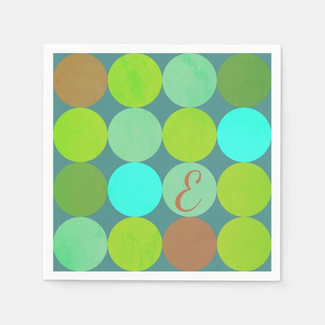 Lime Green Teal Turquoise & Rust Circles Monogram Napkin (Front)