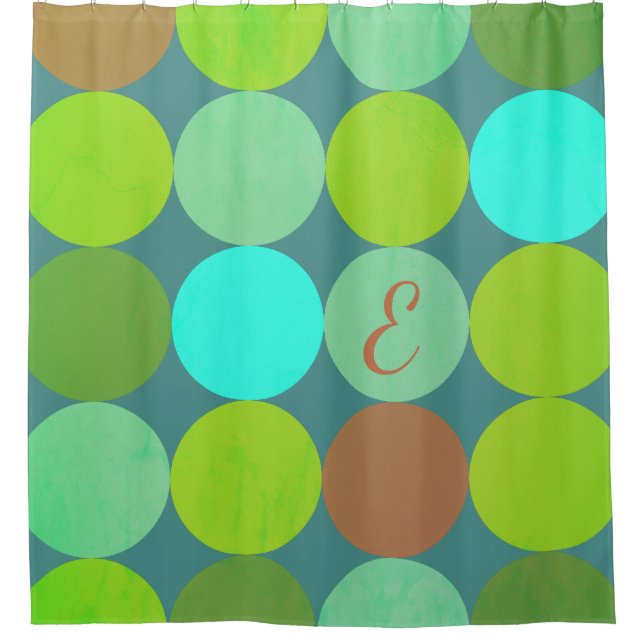Lime Green Teal Turquoise & Rust Circles Monogram Shower Curtain (Front)