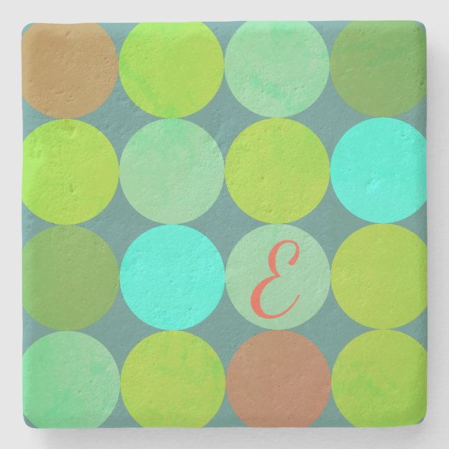 Lime Green Teal Turquoise & Rust Circles Monogram Stone Coaster (Front)