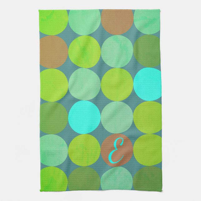Lime Green Teal Turquoise & Rust Circles Monogram Tea Towel (Vertical)