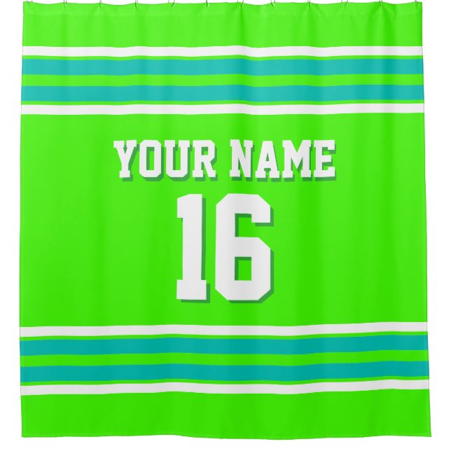 Lime Green Teal White Stripes Sports Jersey Shower Curtain (Front)