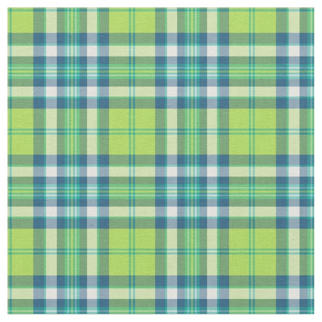 Lime Green, Turquoise and Blue Fashion Plaid Fabric (Close Up)