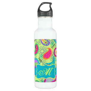 Lime Green Turquoise Modern Paisley Monogram 710 Ml Water Bottle