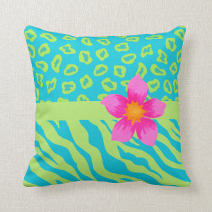 Lime Green & Turquoise Zebra & Cheetah Pink Flower Cushion
