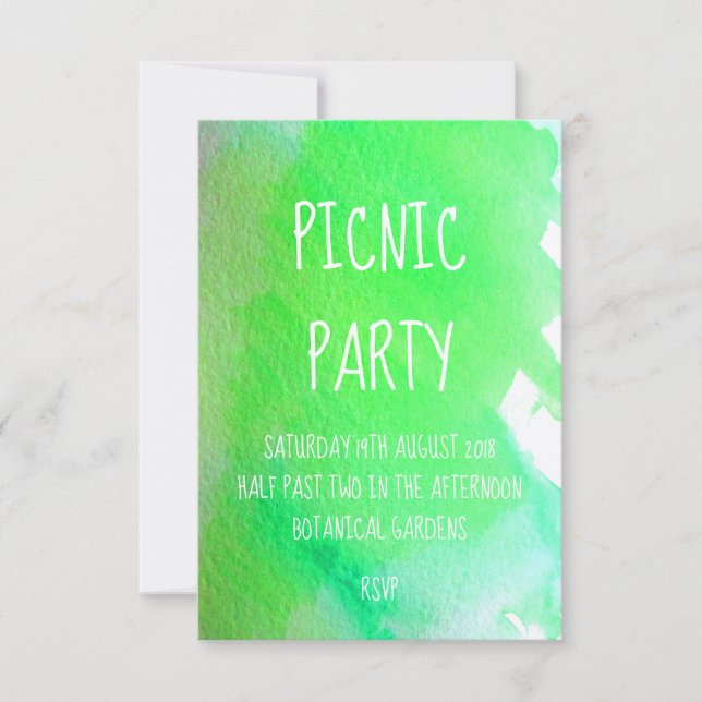 Lime green watercolor modern picnic party invitation (Front)