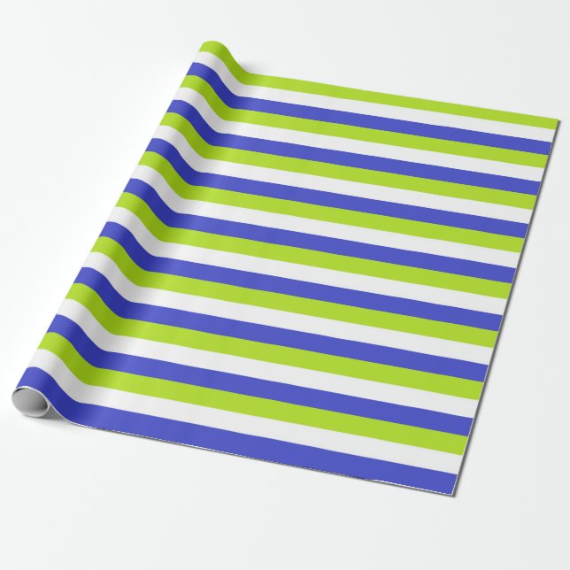 Lime Green, White and Blue Stripes Wrapping Paper (Unrolled)