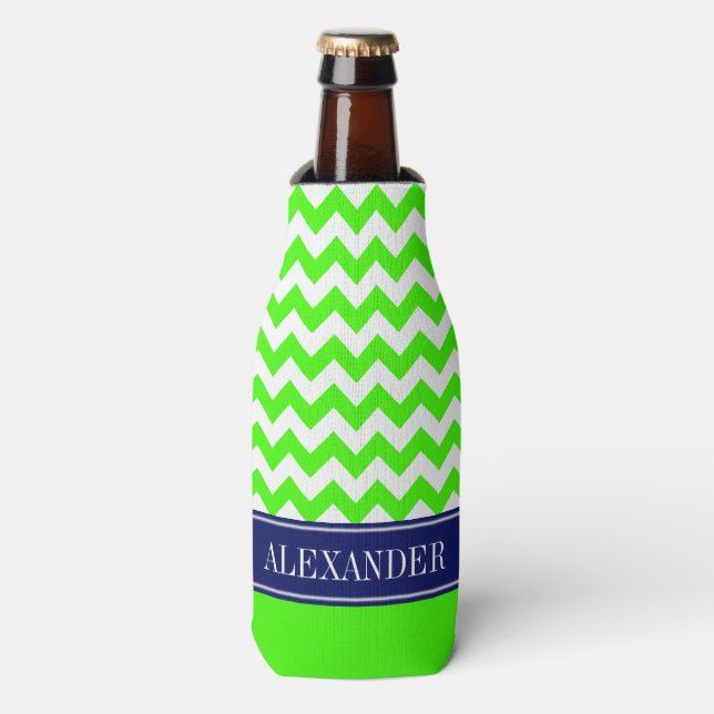 Lime Green White Chevron CB Navy Name Monogram Bottle Cooler (Bottle Front)