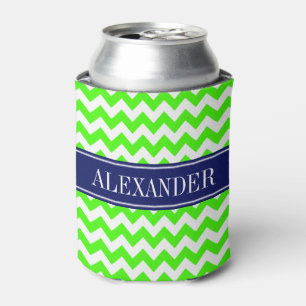 Lime Green White Chevron Navy Name Monogram Can Cooler