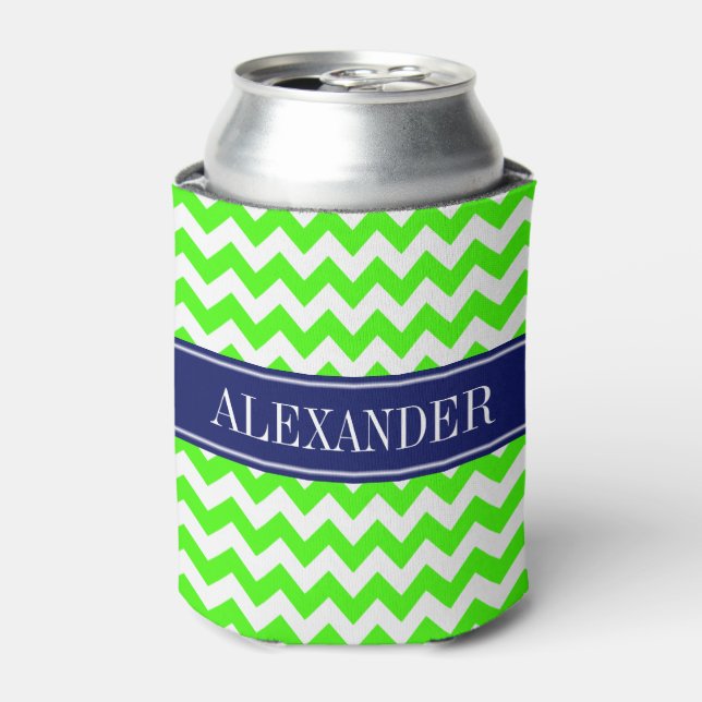 Lime Green White Chevron Navy Name Monogram Can Cooler (Can Front)