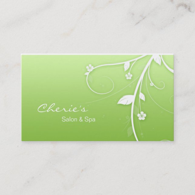 Lime green White Floral Swirls business card (Front)