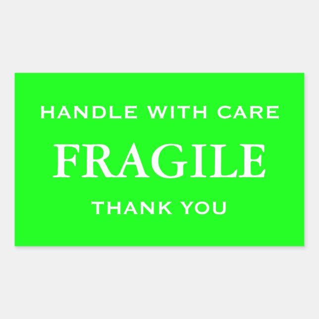 Lime Green/White Fragile. Handle with Care. Rectangular Sticker (Front)