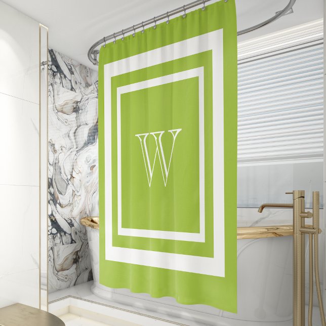 Lime Green White Framed Monogram Shower Curtain (Creator Uploaded)