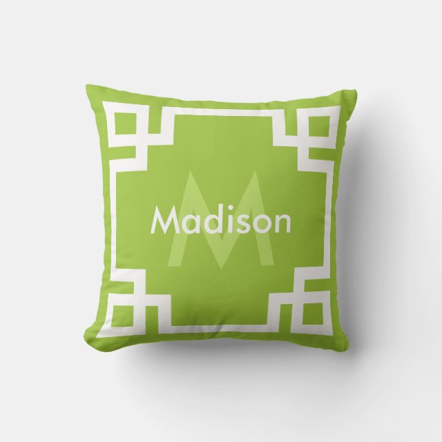 Lime Green White Greek Key Monogram Cushion (Front)
