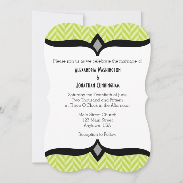 Lime Green White Herringbone Wedding Invitation (Front)