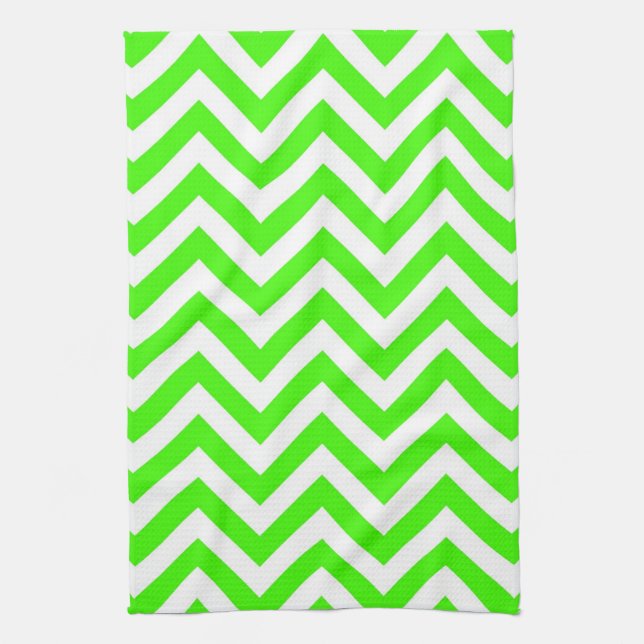 Lime Green White Large Chevron ZigZag Pattern Tea Towel (Vertical)