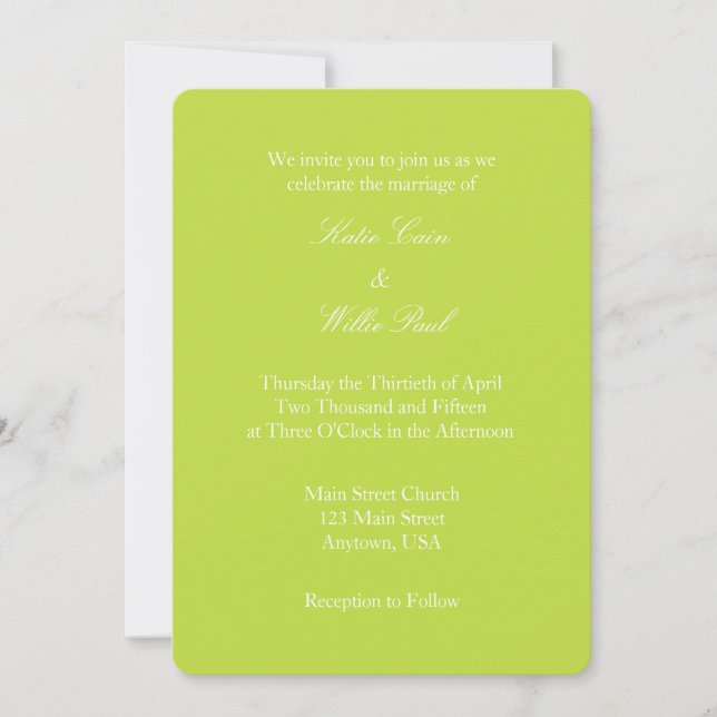 Lime Green White Plain Simple Wedding Invitation (Front)