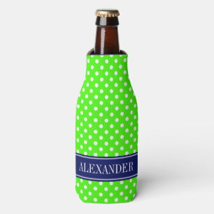 Lime Green White Polka Dots Navy Name Monogram Bottle Cooler