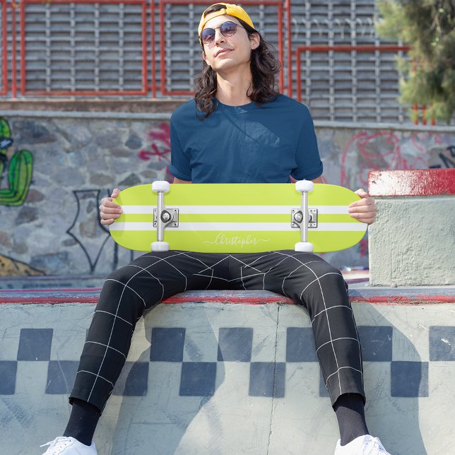 Lime Green White Racing Stripes Monogrammed Cool Skateboard (Lime Green White Racing Stripes Monogrammed Cool Skateboard)