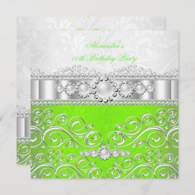 Lime Green White Silver Lace Pearl Birthday Party Invitation (Front/Back)