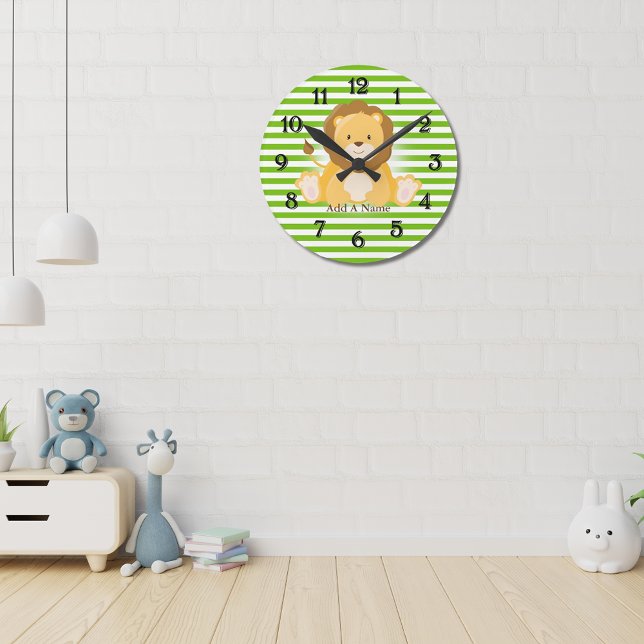 Lime Green-White Stripes•Lion•Custom Round Clock (Creator Uploaded)